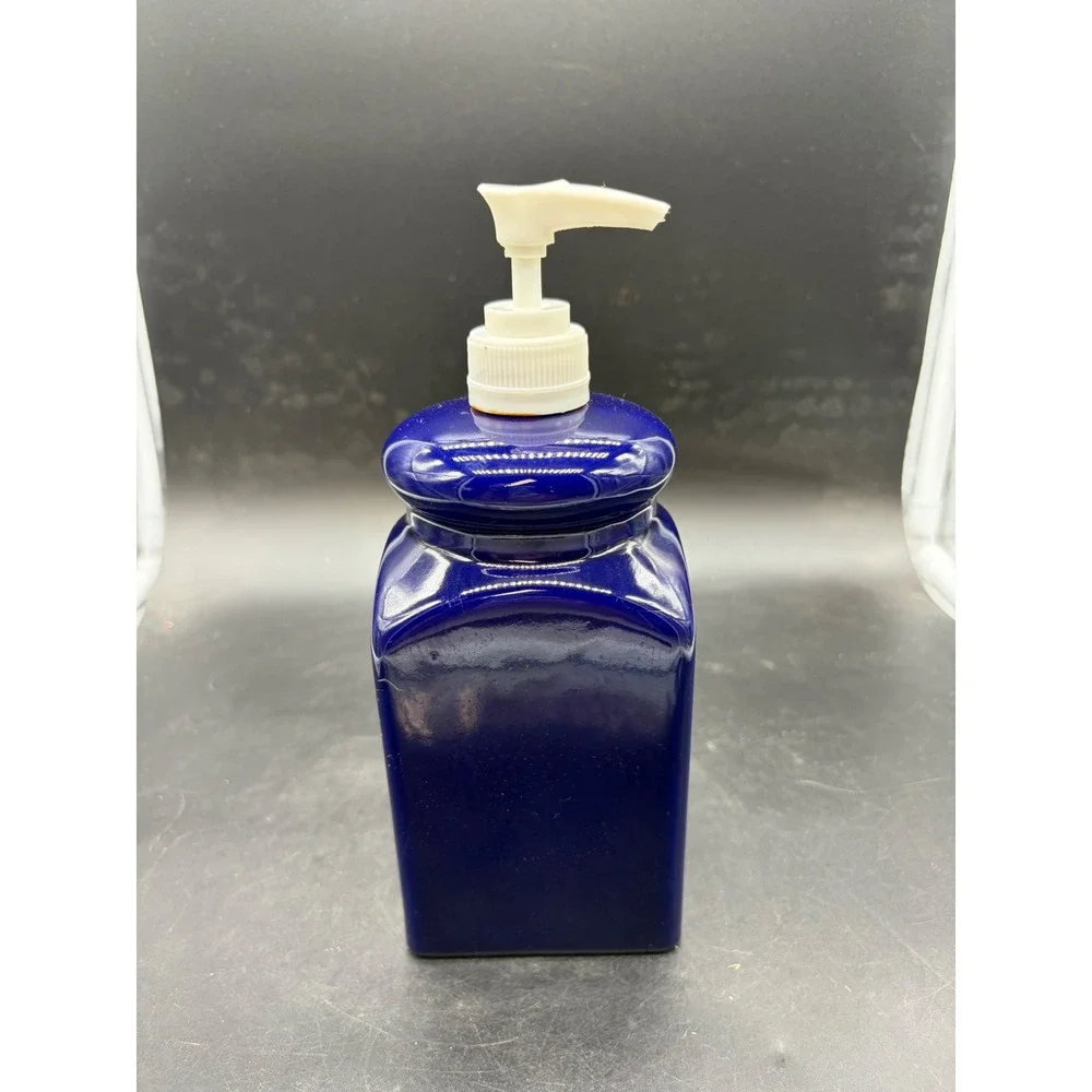 Cobalt Blue Ceramic Soap Dispenser Square Glossy Navy Lotion Pump Stoneware